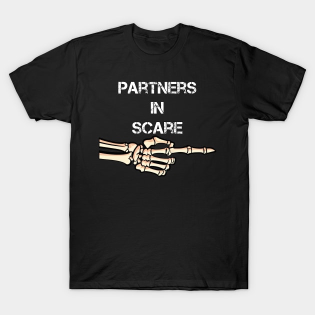 Partners In Scare Funny Skeleton Arm Pointing Couple Halloween T-Shirt by tamdevo1